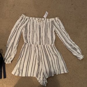 La Hearts Black & White Striped Long Sleeve Romper